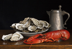 Still life with lobster, oysters and a tin pot / Charlotte Fröling